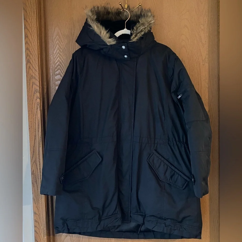 Banana Republic XXL Black Hooded Parka with Faux Fur Trim Coat